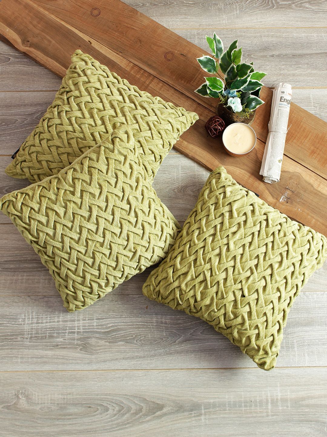 ROMEE Green Set of 3 Self Design Square Cushion Covers Price in India