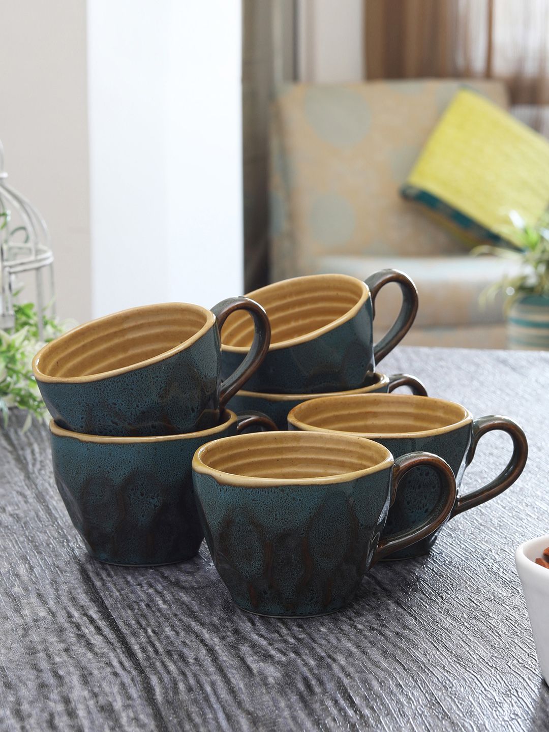 MIAH Decor Set of 6 Green & Mustard Yellow Glazed Coffee Mugs Price in India