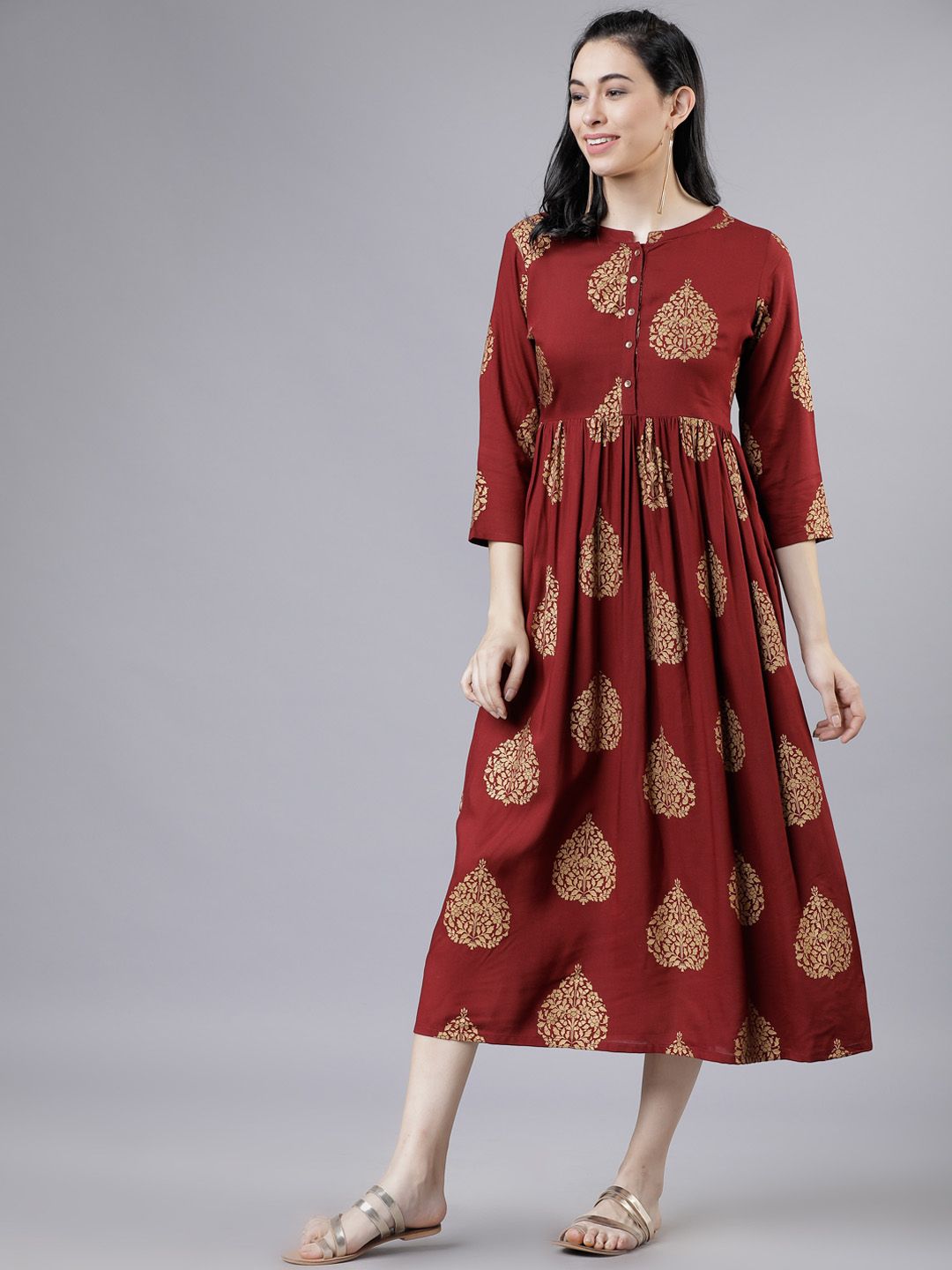 Vishudh Women Maroon & Beige A-Line Dress