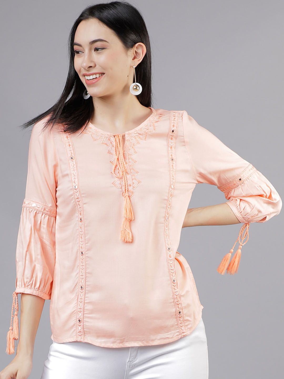Vishudh Women Peach-Coloured Embroidered Top Price in India