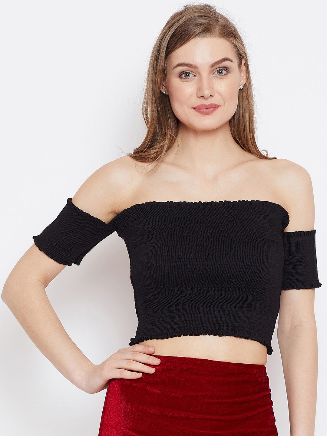 PANIT Women Black Solid Bardot Top