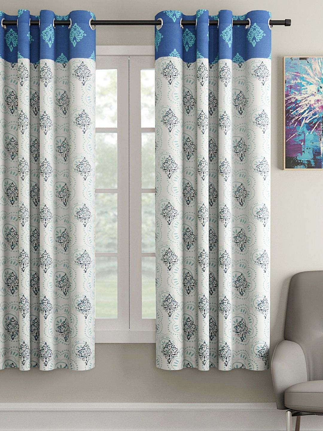 Soumya White & Blue Single Window Curtain Price in India