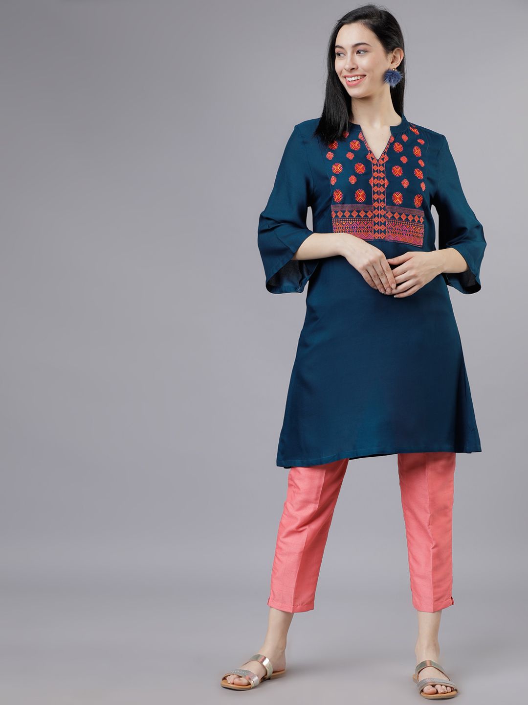 Vishudh  teal Embroidered A-Line Tunic Price in India