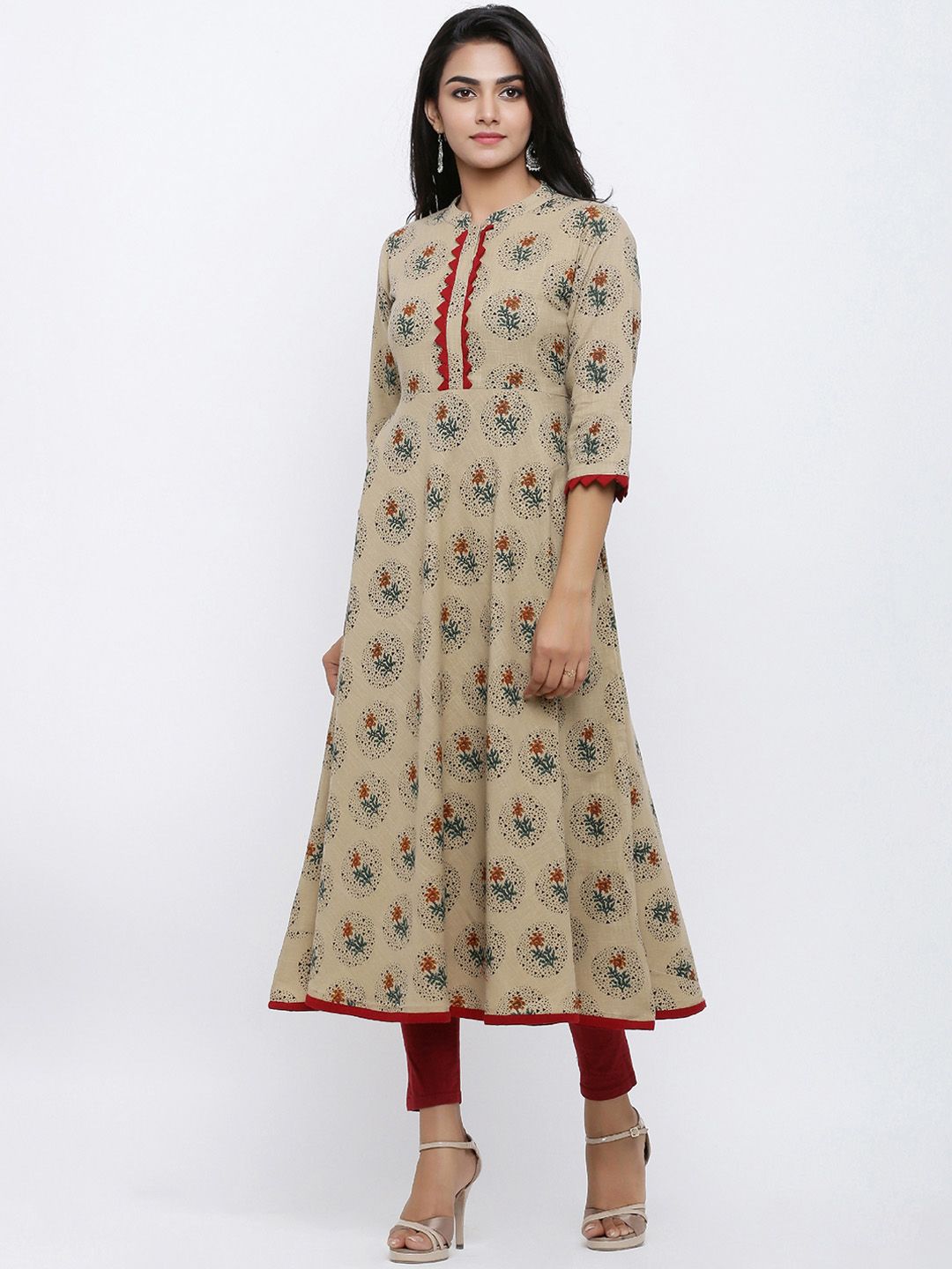 YASH GALLERY Women Beige & Maroon Printed A-Line Kurta Price in India