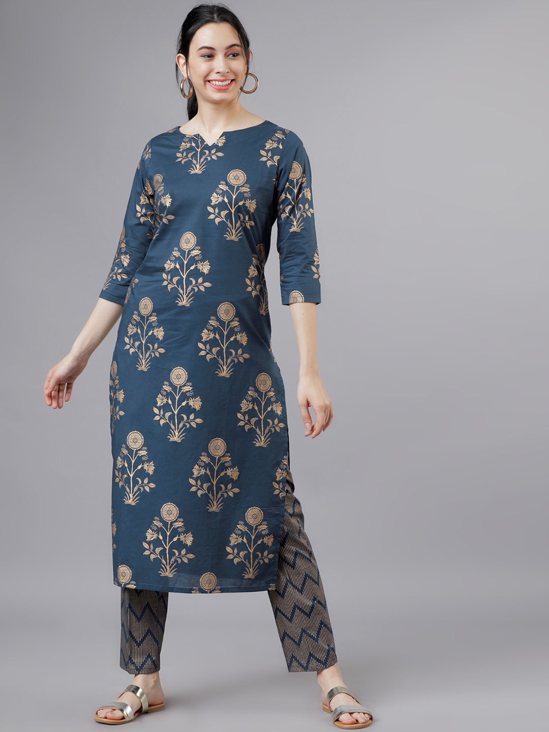 Vishudh Women Teal Blue & Gold-Toned Printed Kurta with Palazzos Price in India