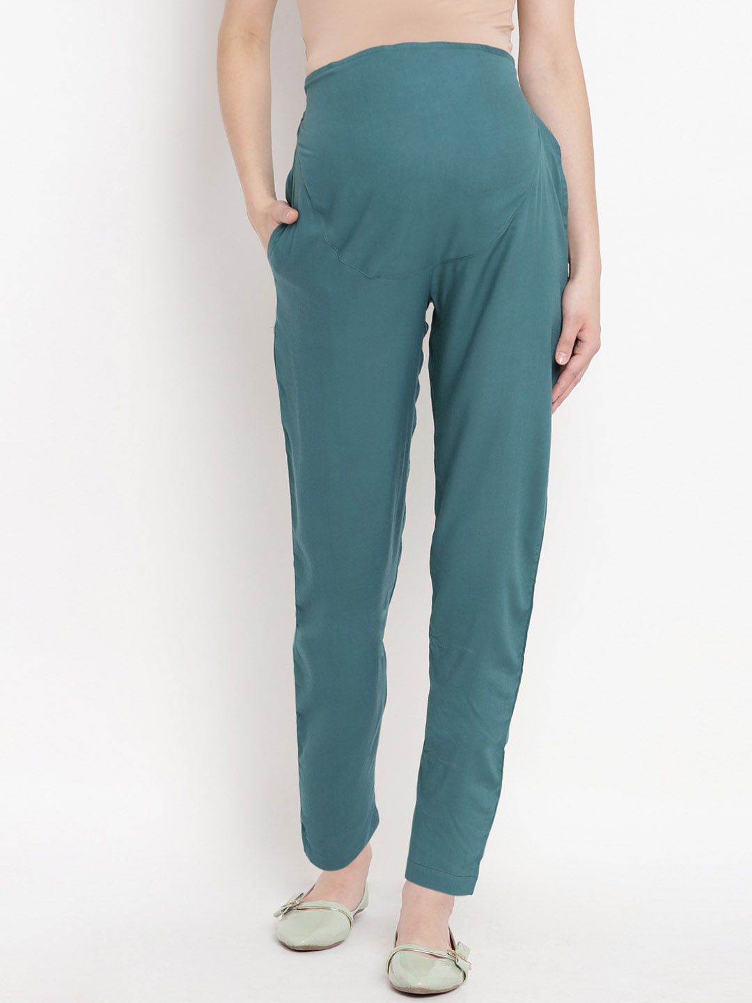 Mine4Nine Women Teal Green Comfort Regular Fit Solid Maternity Trousers Price in India