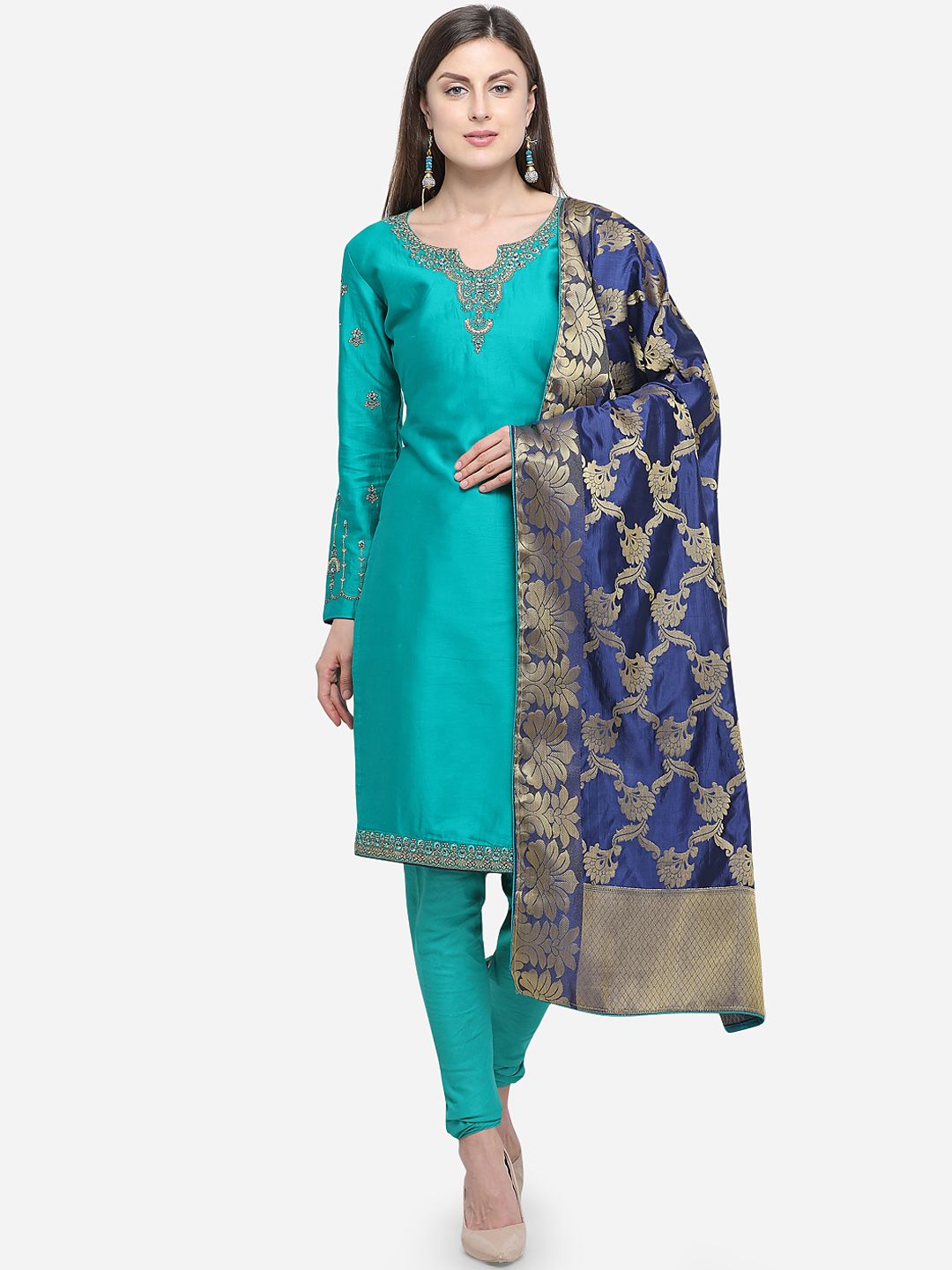 mf Teal & Navy Blue Pure Cotton Unstitched Dress Material Price in India