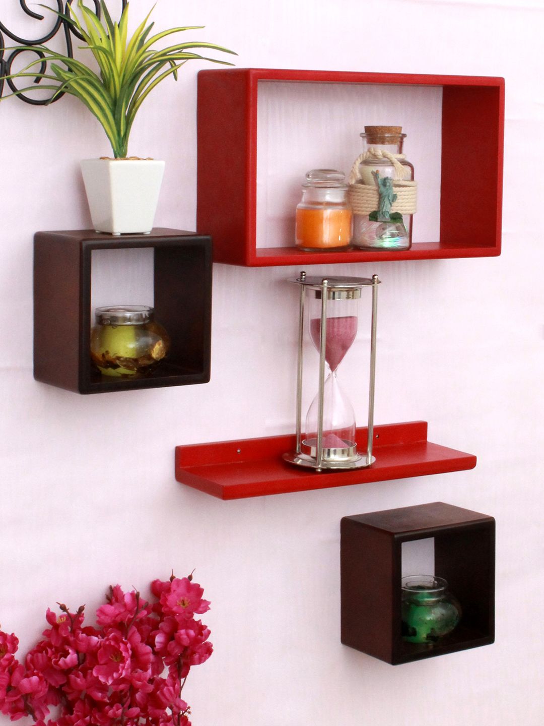 Home Sparkle Set of 4 Red & Brown MDF Basic Wall Shelf Price in India