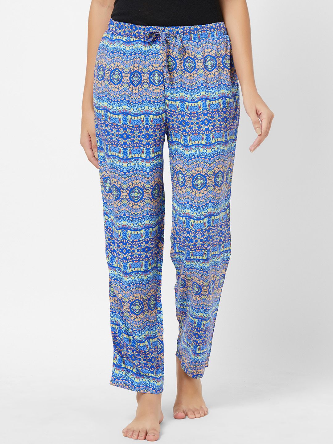 Soie Women Blue & Yellow Printed Lounge Pants Price in India