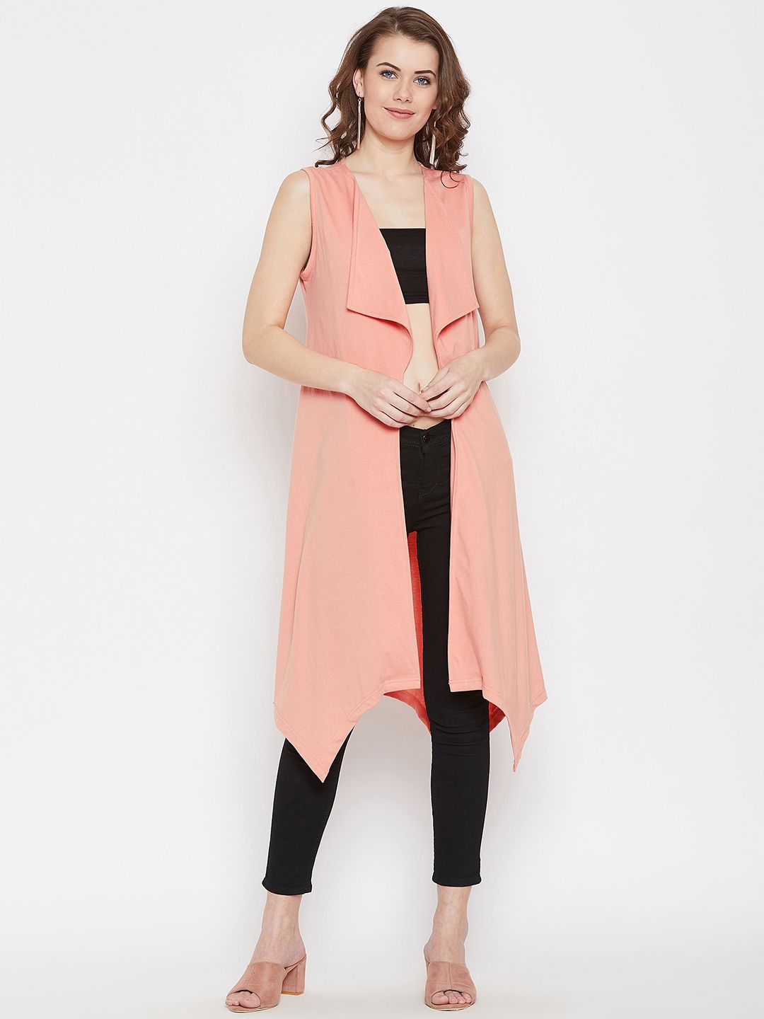 Hypernation Women Peach-Coloured Solid Open Front Shrug Price in India