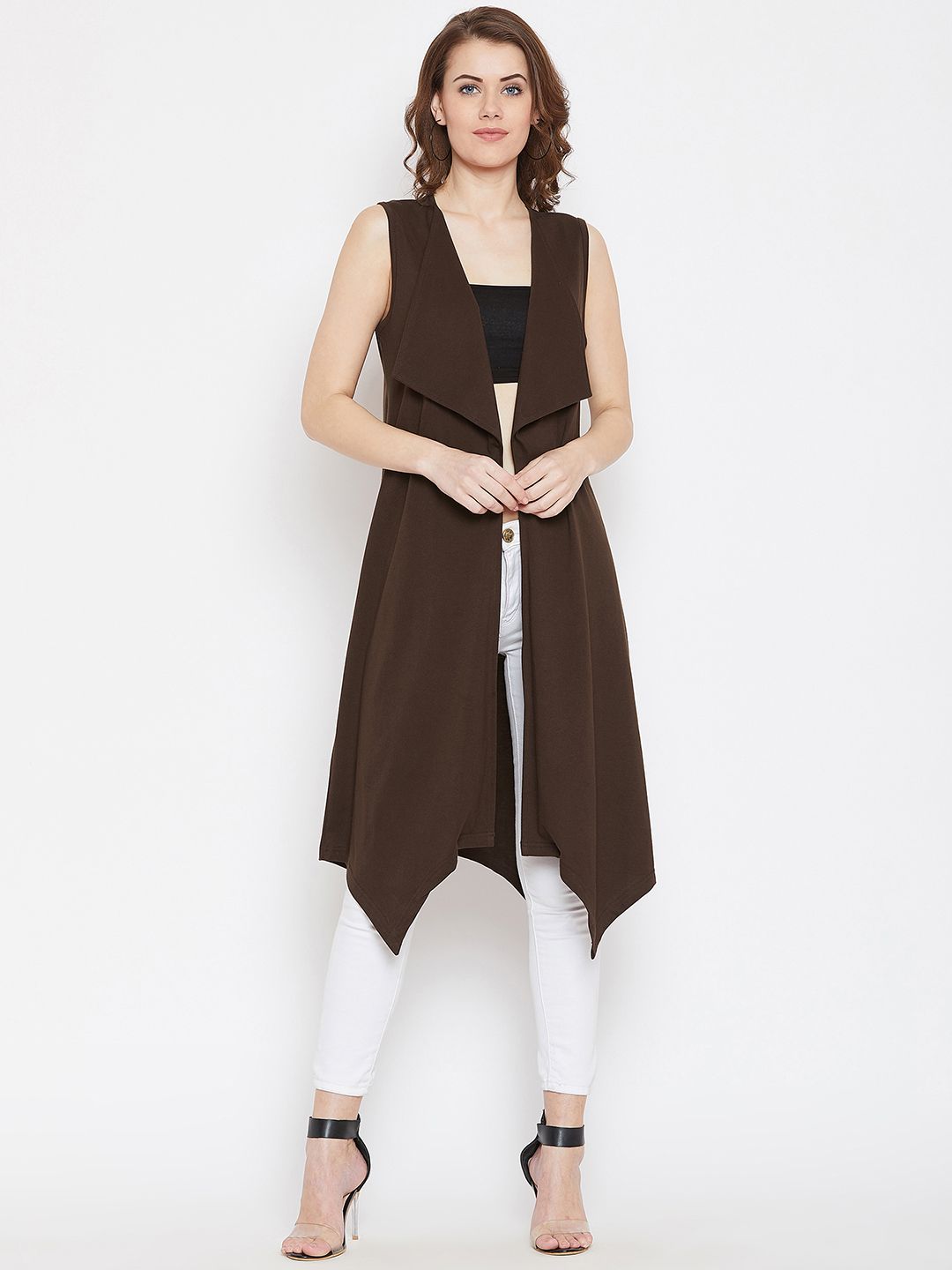 Hypernation Women Brown Solid Longline Open Front Shrug Price in India