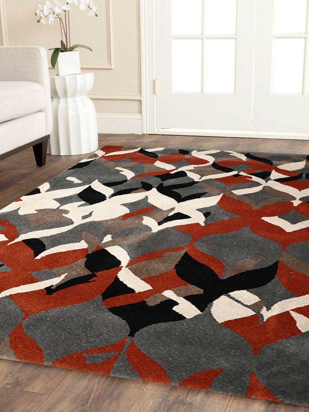 PRESTO Orange & Grey Printed Hand Tufted Woolen Carpet Price in India