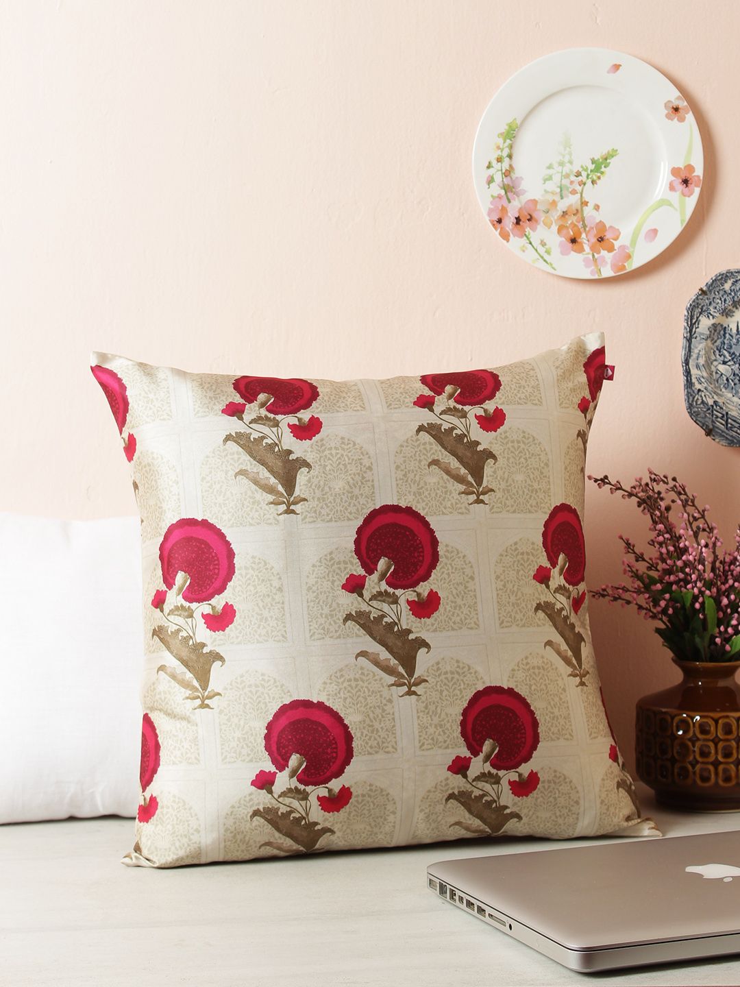 India Circus by Krsnaa Mehta Cream-Coloured 85 GSM Single Floral Square Cushion Cover Price in India