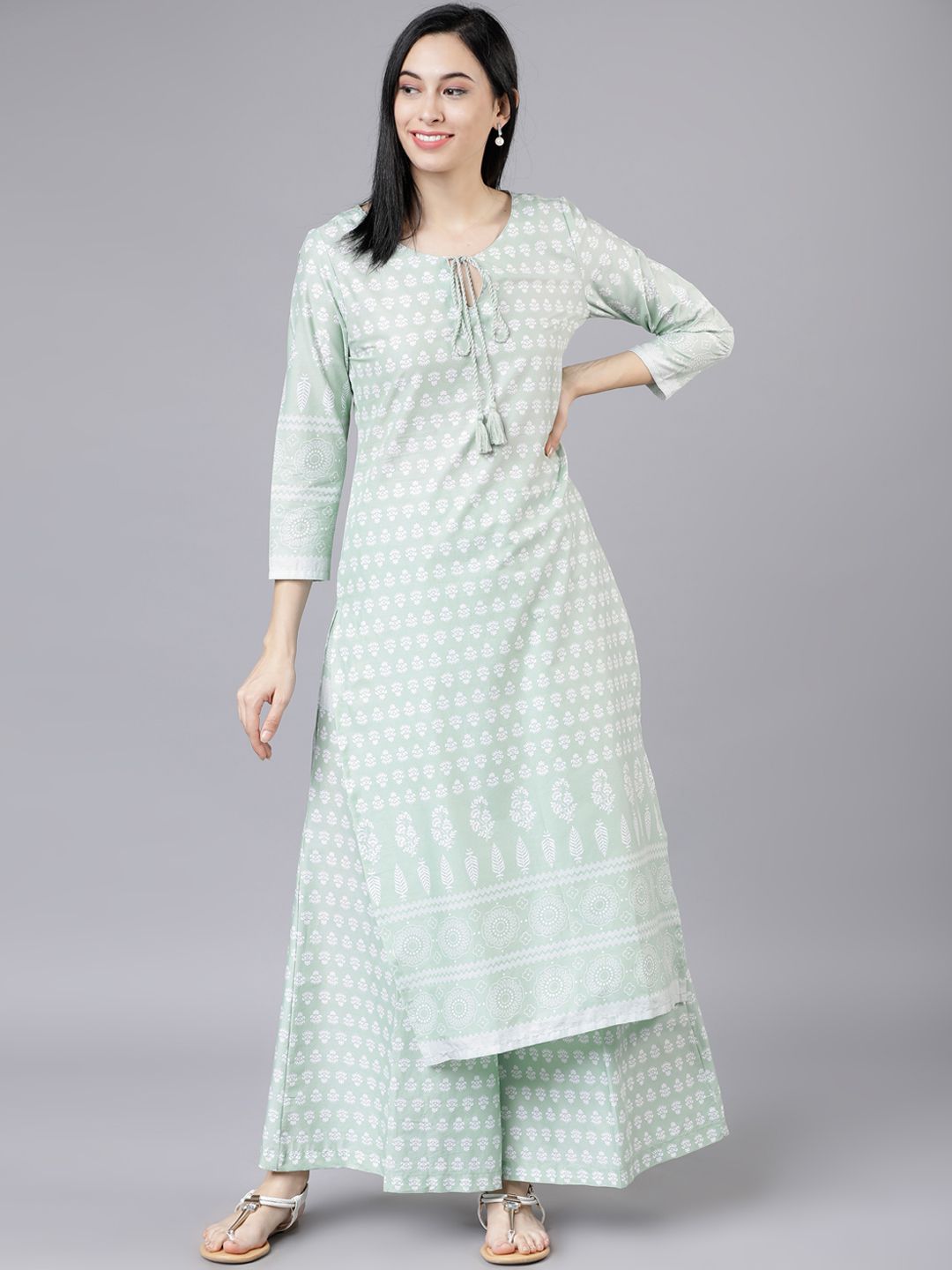 Vishudh Women Green & Off-White Printed Kurta with Palazzos Price in India