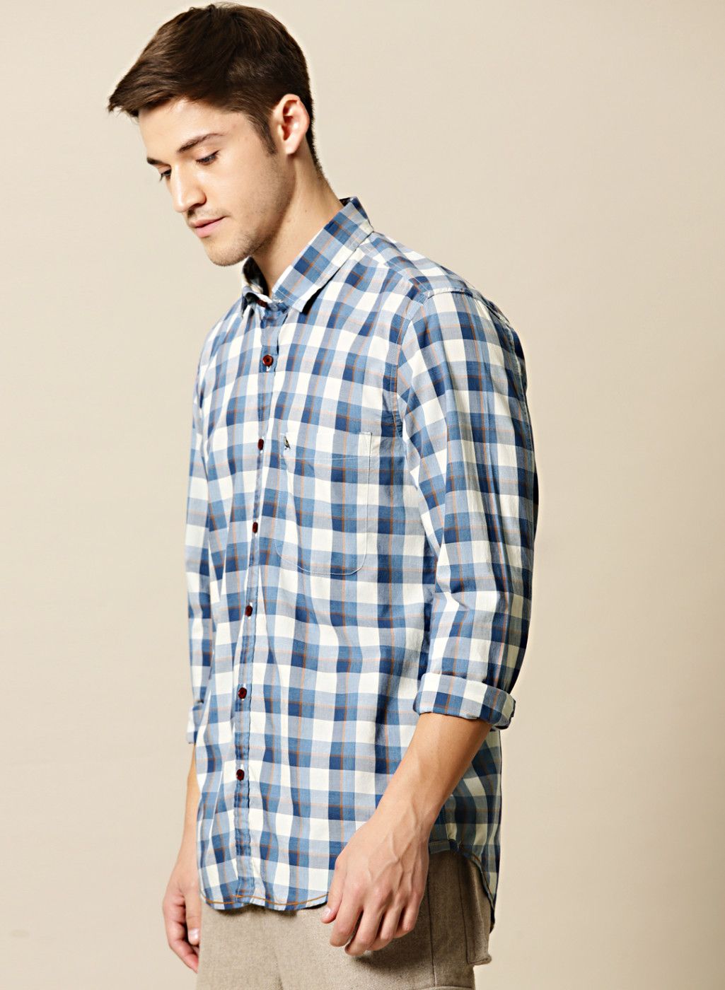 Mr Bowerbird Blue & Off-White Tailored Fit Checked Casual Shirt