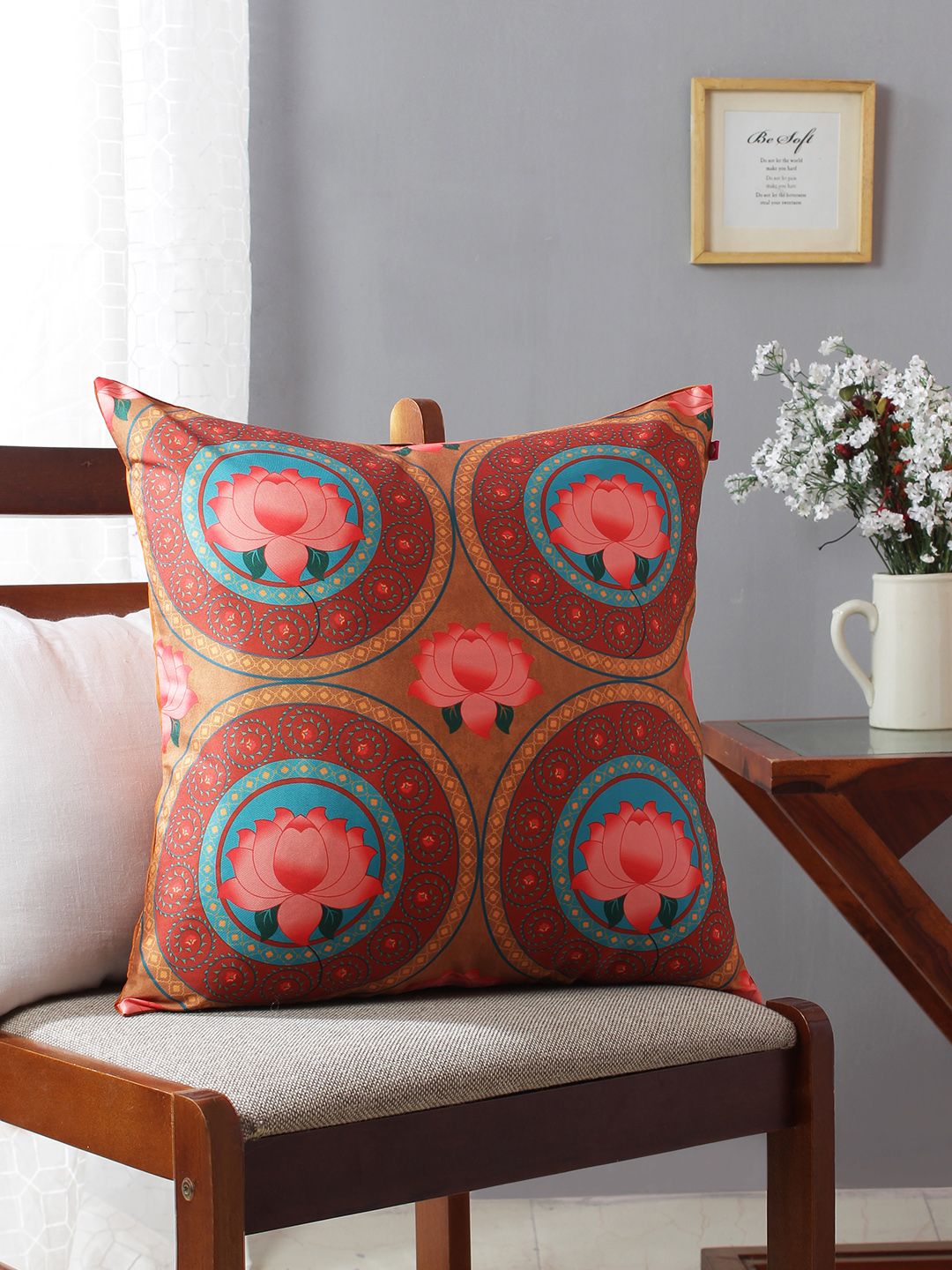 India Circus by Krsnaa Mehta Brown Floral Printed Single Square Cushion Cover Price in India