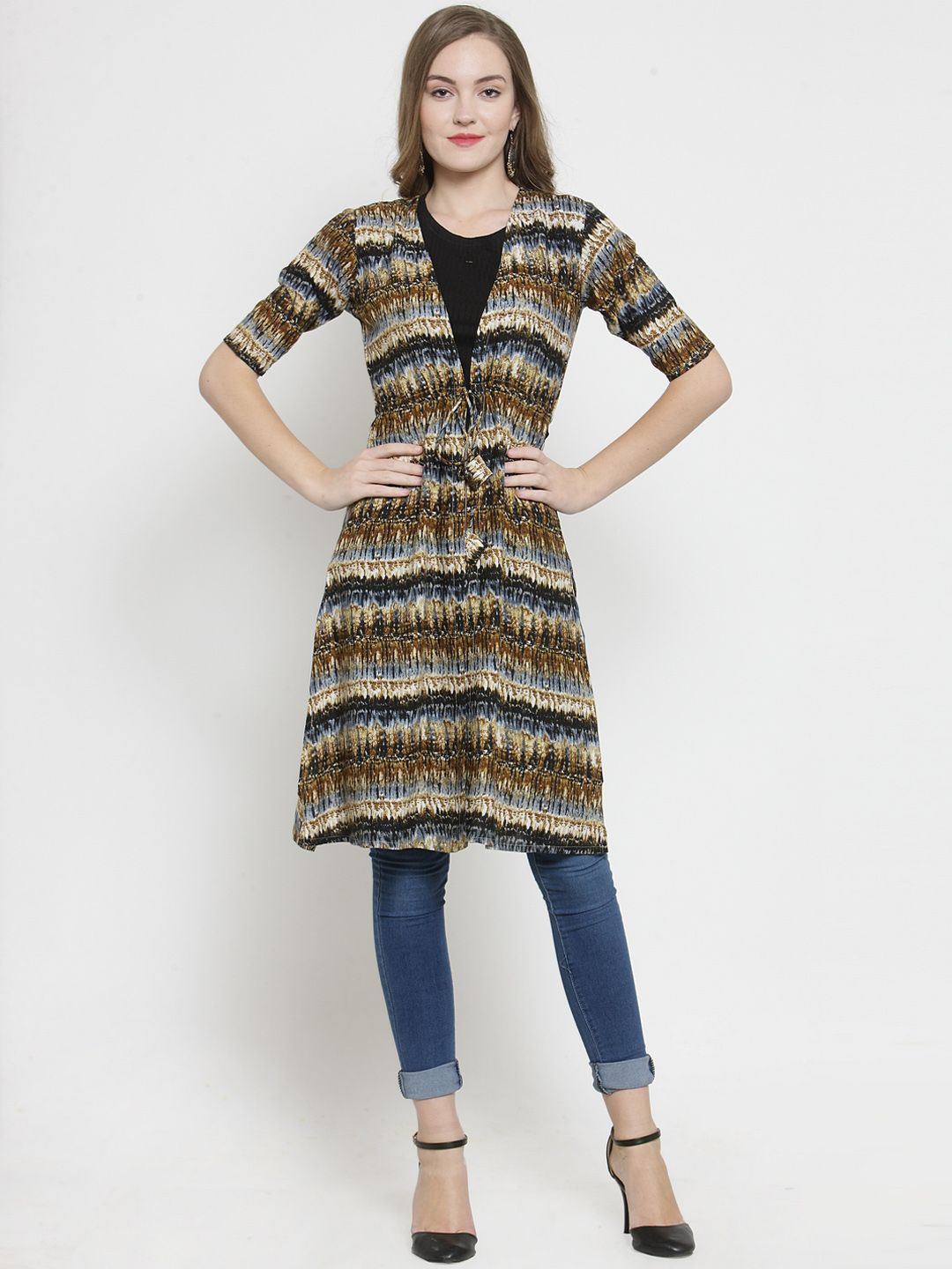 Indibelle Yellow & Brown Printed Open Front Shrug Price in India