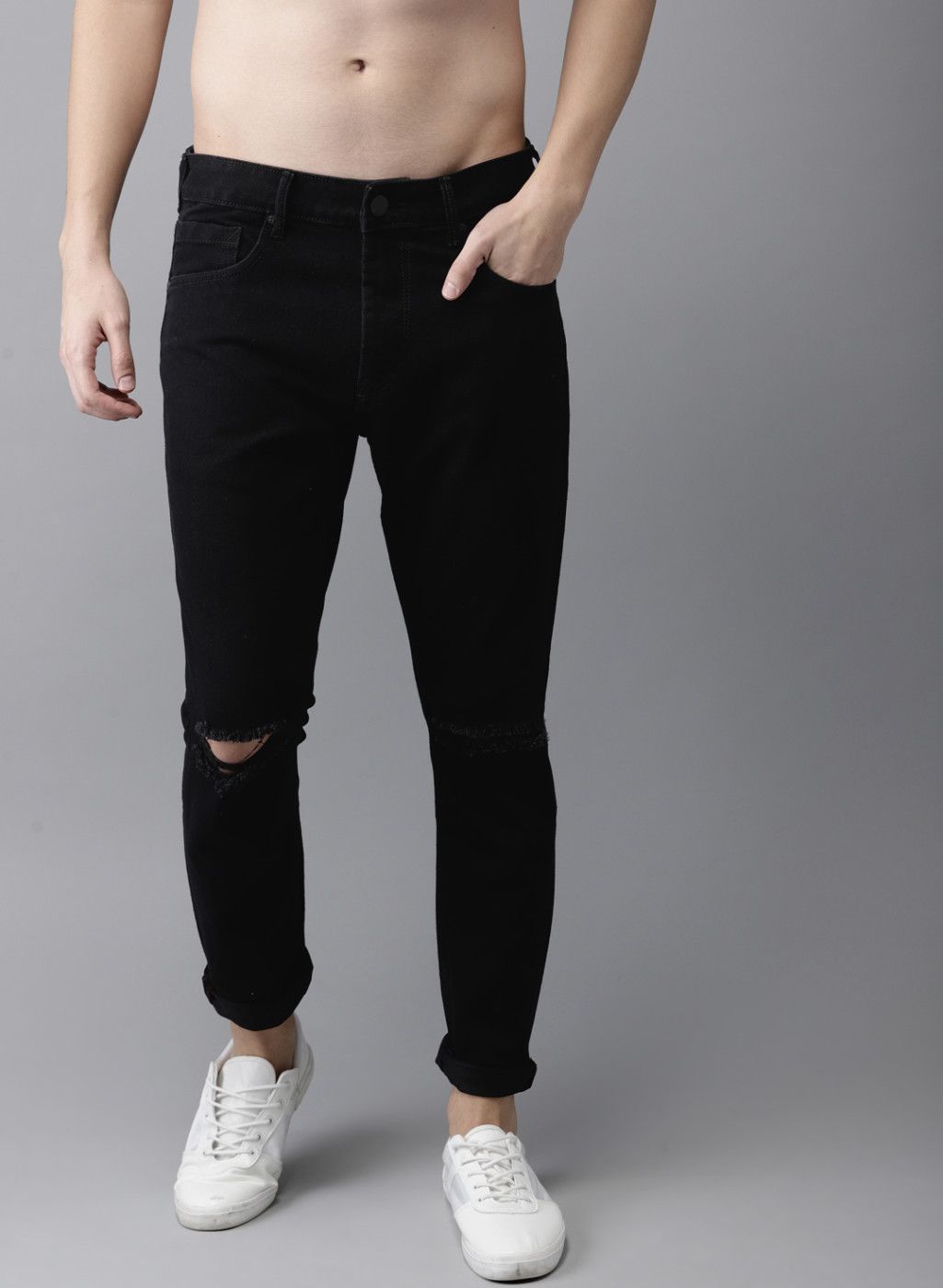 HERE&NOW Black Ankle Slim Tapered Fit Mid-Rise Slash Knee Jeans