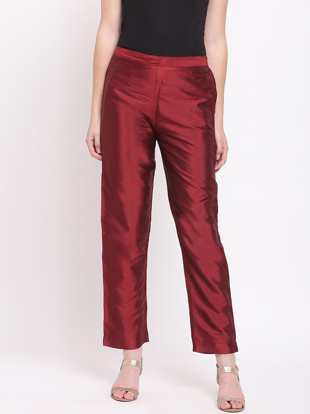 RIVI Women Maroon Regular Fit Solid Silk Regular Trousers Price in India