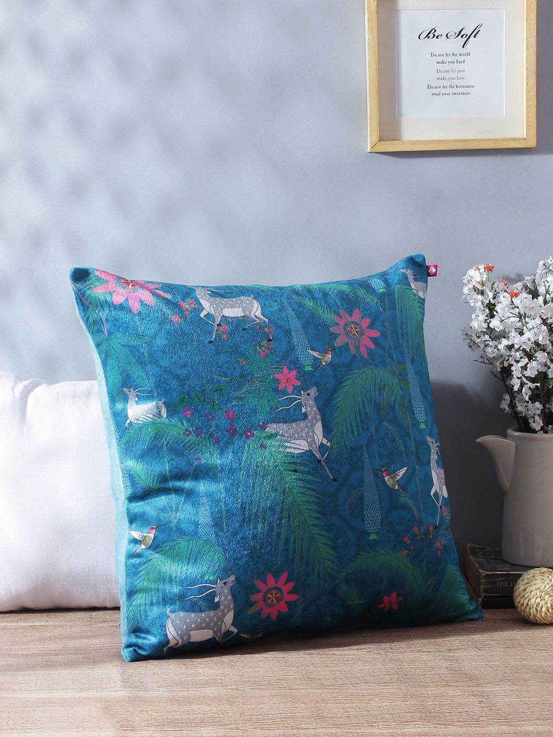 India Circus by Krsnaa Mehta Teal Blue 85 GSM Ethnic Motifs Square Cushion Cover Price in India