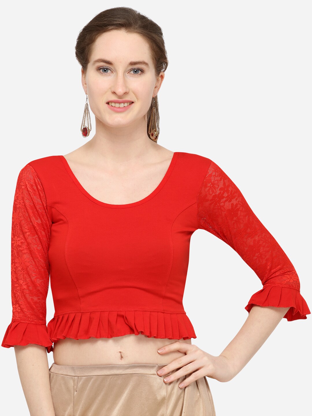 Inddus Women Red Solid Saree Blouse Price in India