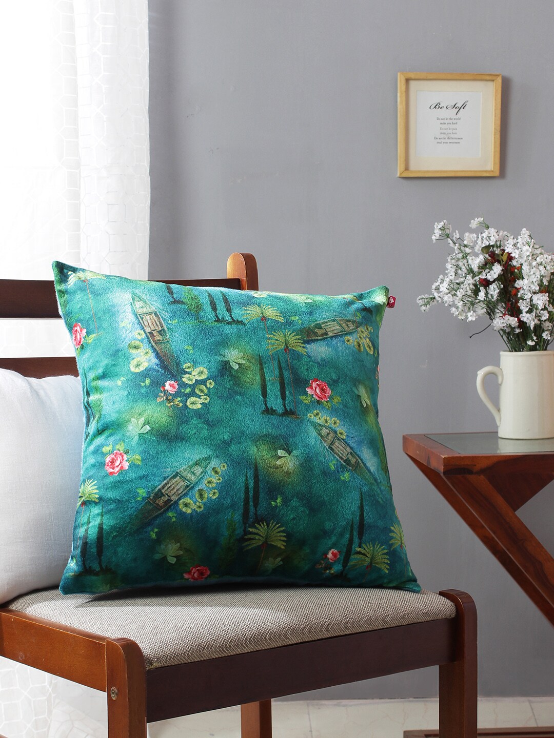 India Circus by Krsnaa Mehta Sea Green Single Floral Square Cushion Cover Price in India