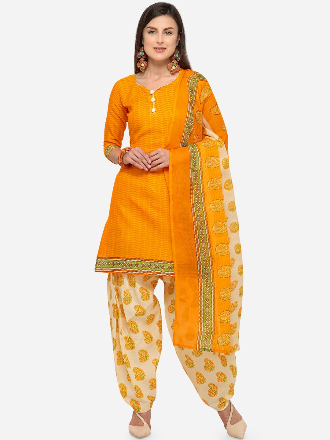 Rajnandini Orange Cotton Blend Unstitched Dress Material Price in India