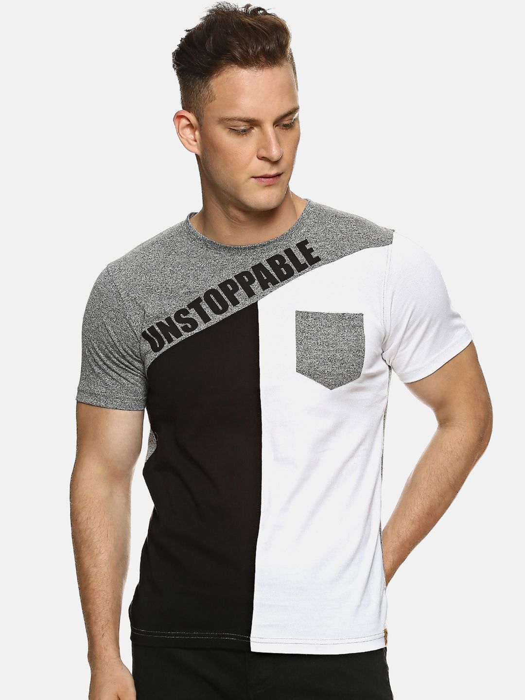 CAHOOT Men Grey Colourblocked Round Neck T-shirt