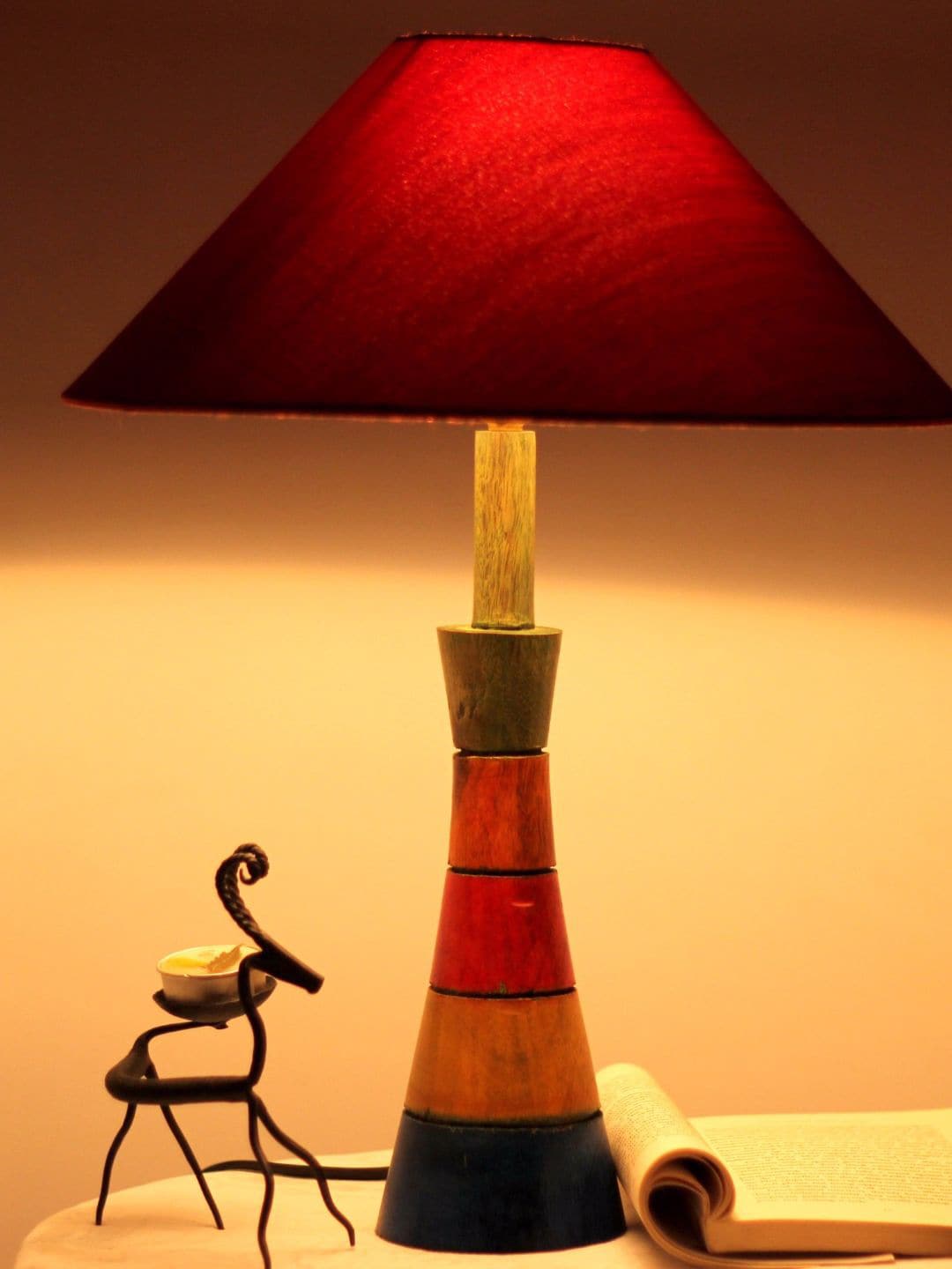 Unravel India Multicoloured Wooden Buffing Beside Table Lamp with Shade Price in India