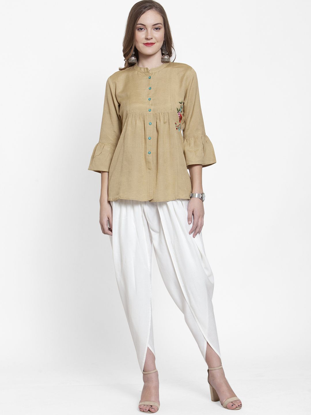 Varanga Women Beige & White Printed Tunic with Dhoti Pants