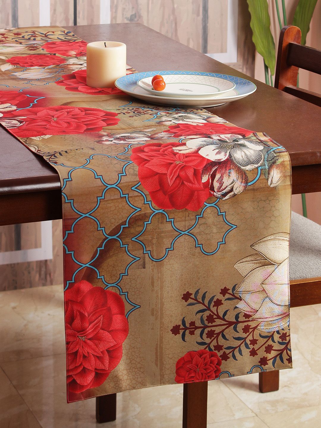India Circus by Krsnaa Mehta Brown & Red Printed 6-Seater Table Runner Price in India