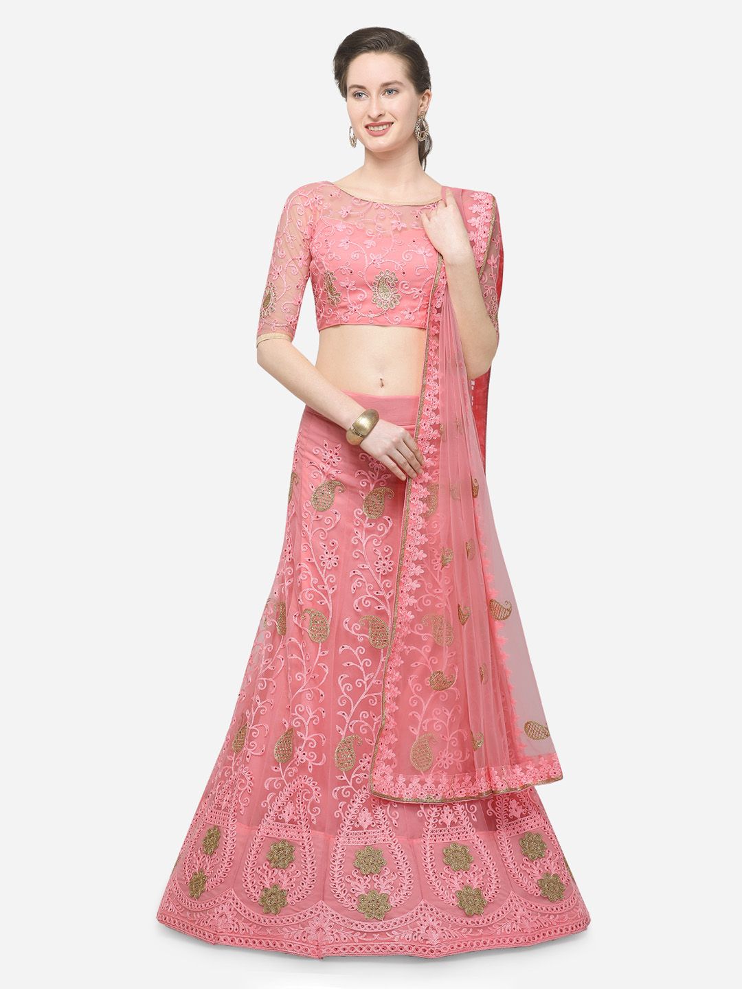 V SALES Pink Semi-Stitched Lehenga & Blouse with Dupatta
