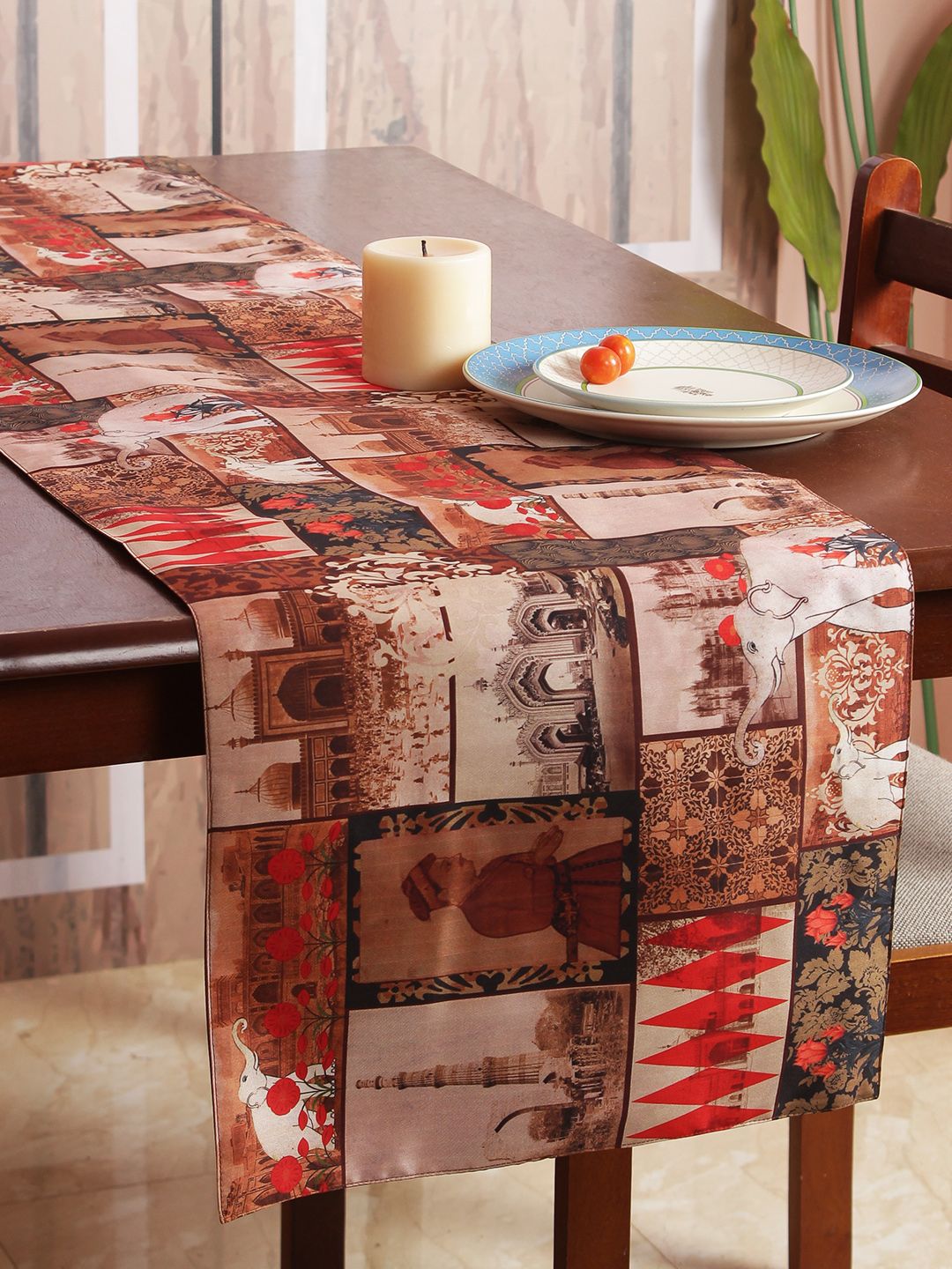 India Circus by Krsnaa Mehta Brown & Orange Printed 6-Seater Table Runner Price in India
