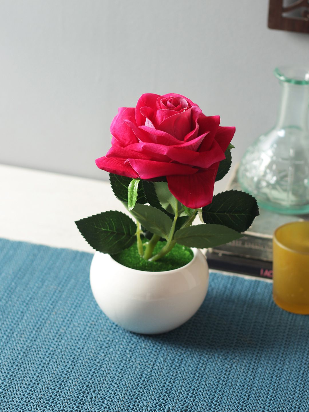 Fourwalls Pink & Green Artificial Velvet Rose in a Ceramic Vase Price in India