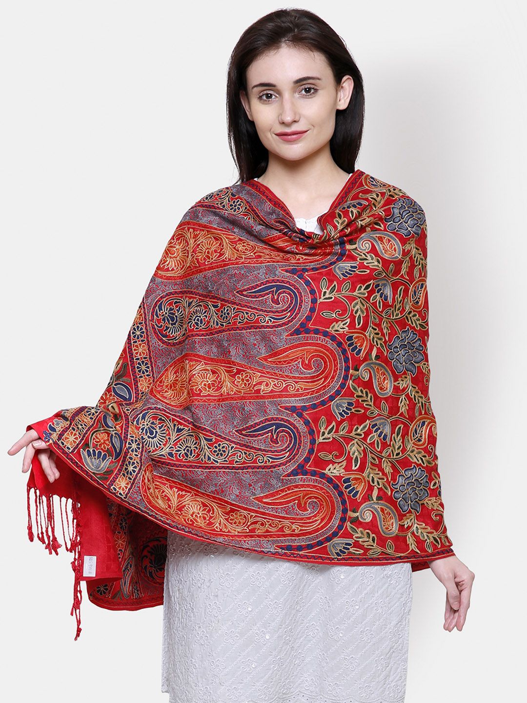 Anekaant Women Multicoloured Floral Embroidered Shawl Price in India