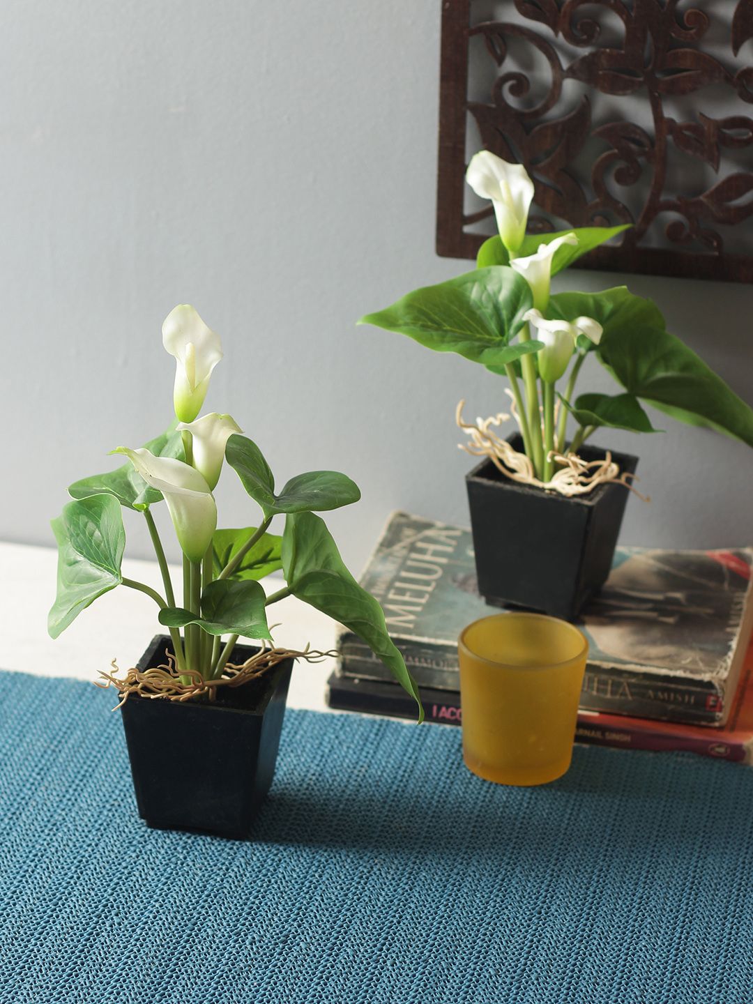 Fourwalls Set of 2 White & Green Artificial Calla Lilly Bonsai Plants With Pots Price in India