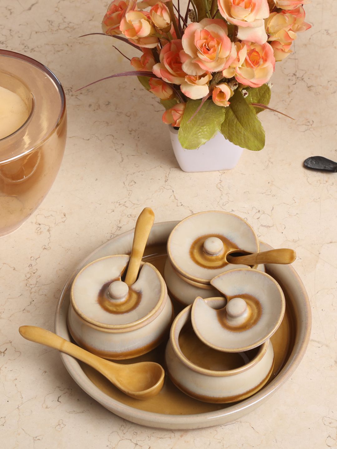 Unravel India Off-White 3-Pieces Solid Ceramic Chutney Bowls Set with Tray Price in India