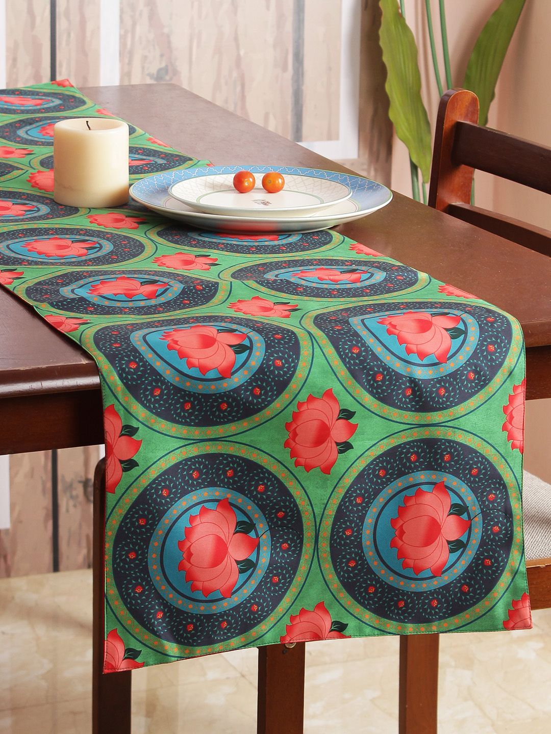 India Circus by Krsnaa Mehta Green & Pink Printed 6-Seater Table Runner Price in India
