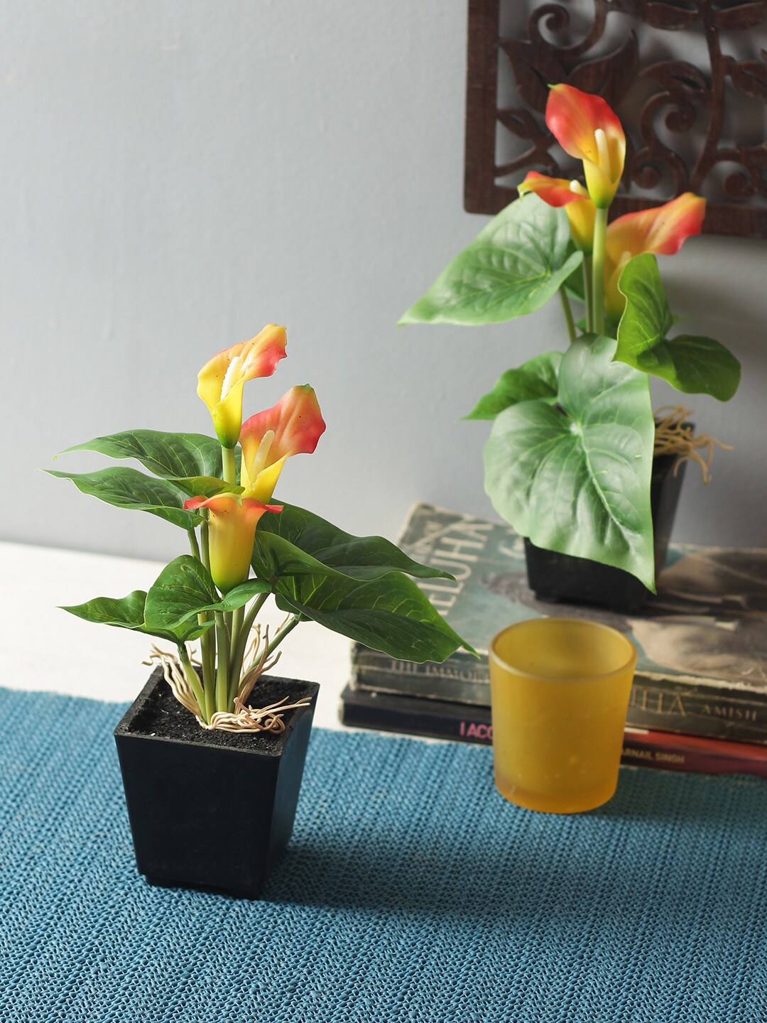 Fourwalls Set of 2 Orange & Green Artificial Calla Lilly Bonsai Plants With Pots Price in India