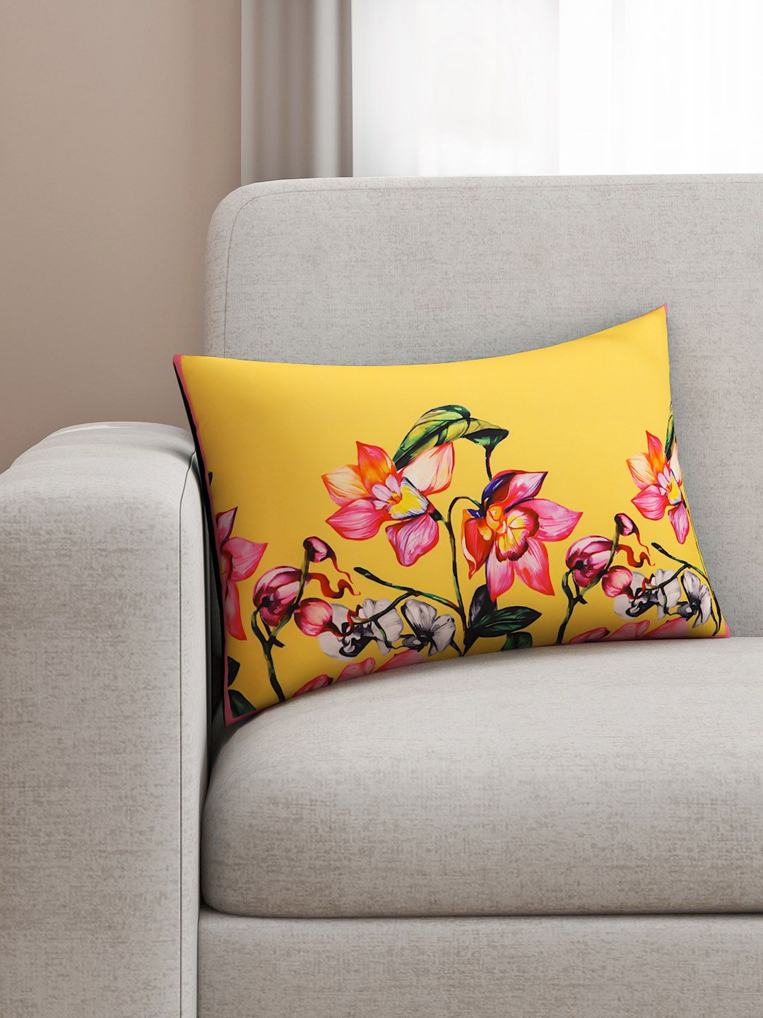 SEJ by Nisha Gupta Yellow & Pink Single Floral Rectangle Cushion Cover Price in India