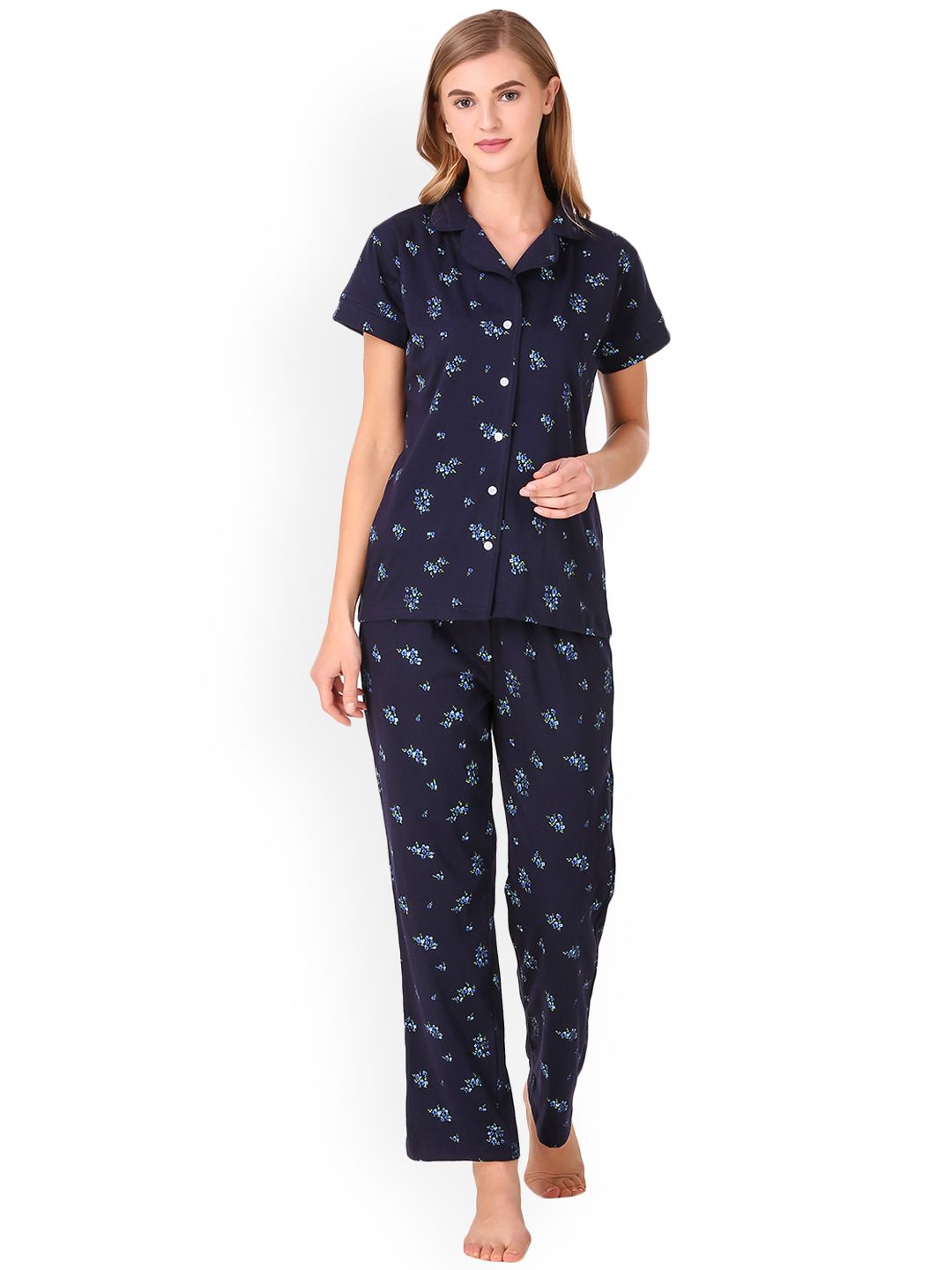 Masha Women Navy Blue Ditsy Floral Print Pure Cotton Pyjamas Set Price in India