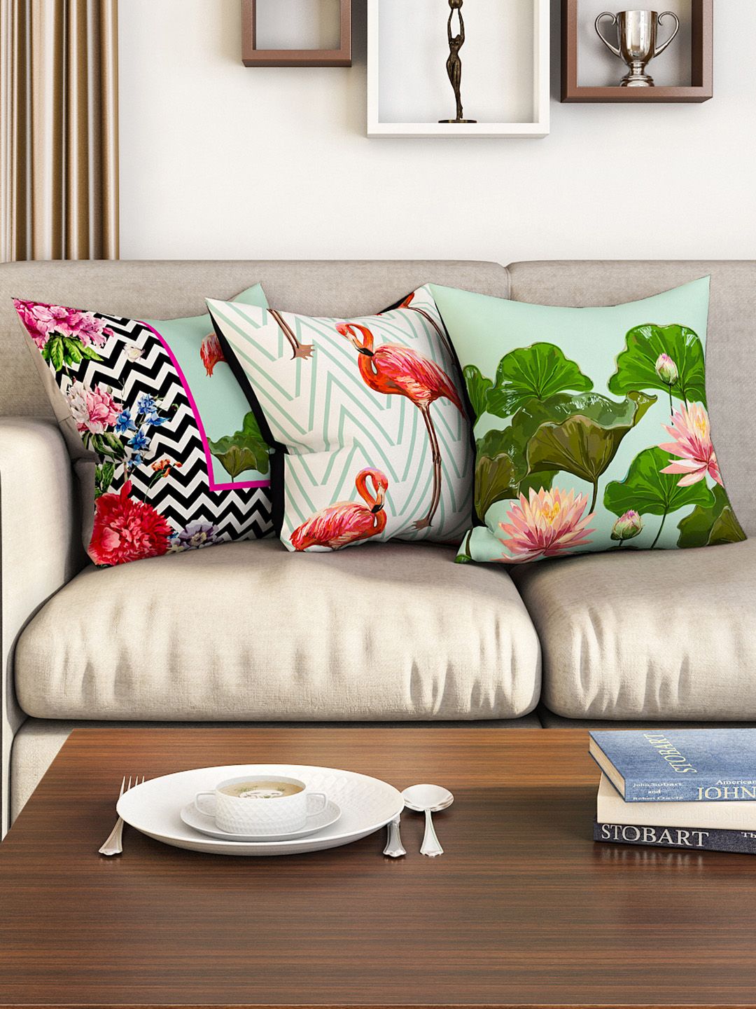 SEJ by Nisha Gupta Set of 3 Abstract Square Cushion Covers Price in India