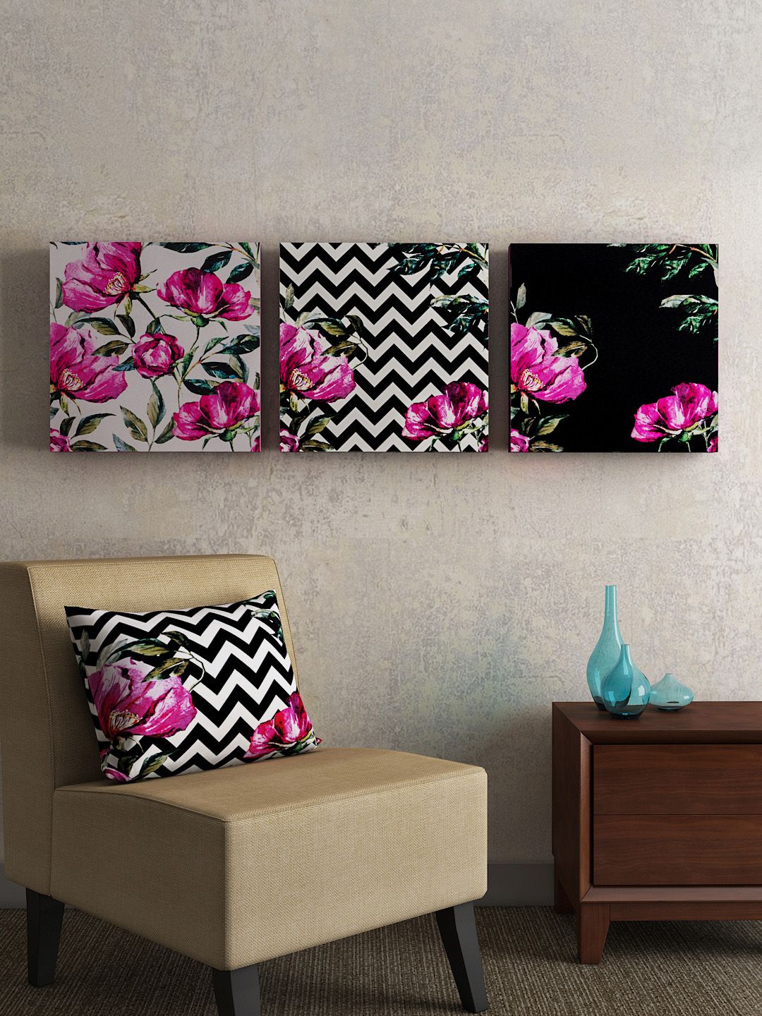 SEJ by Nisha Gupta Set of 3 Multicoloured Framed Wall Paintings Price in India