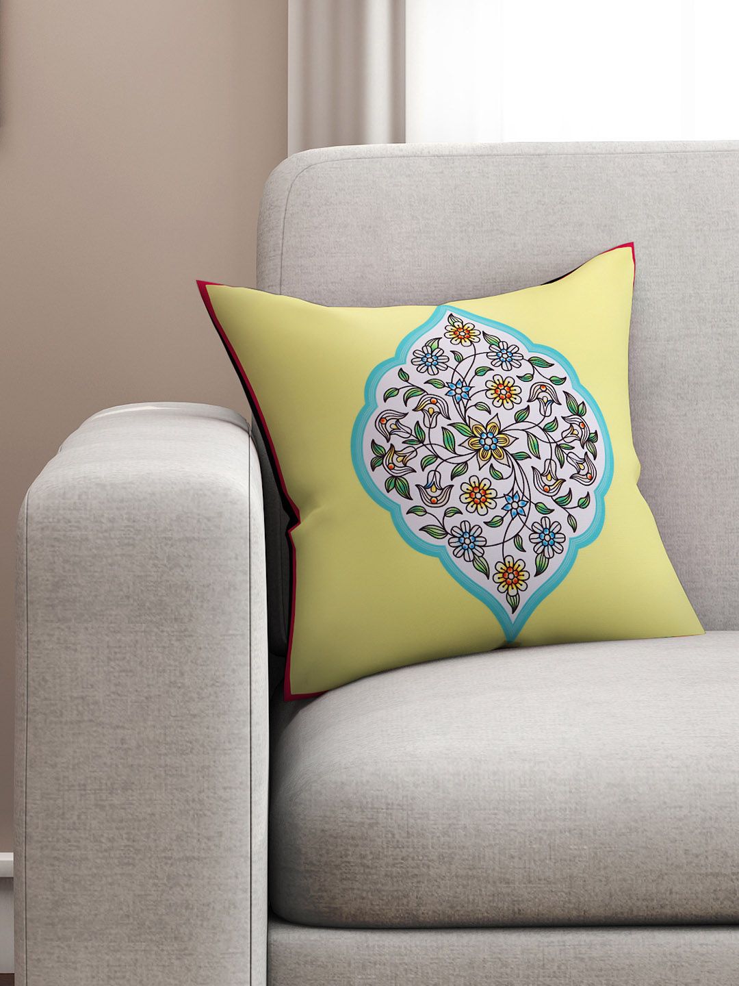 SEJ by Nisha Gupta Yellow & White Single Floral Square Cushion Cover Price in India