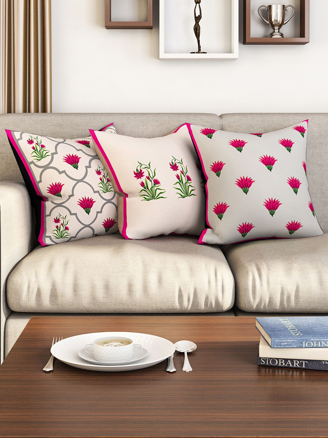 SEJ by Nisha Gupta Set of 3 Floral Square Cushion Covers Price in India