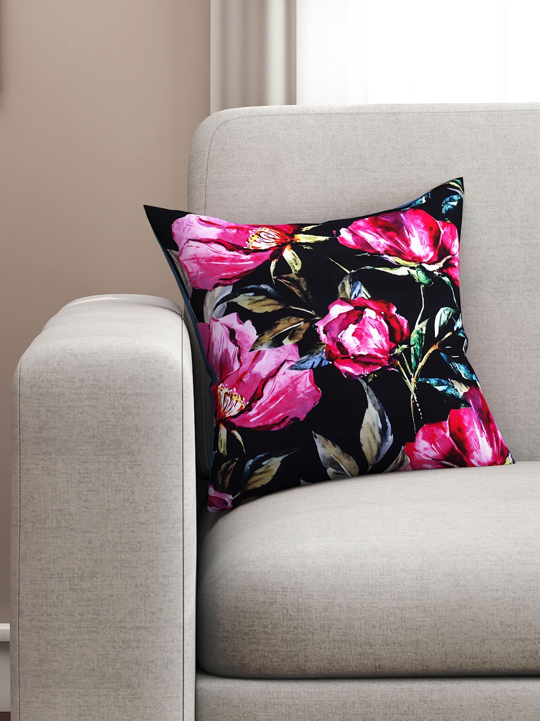 SEJ by Nisha Gupta Black Single Floral Square Cushion Covers Price in India