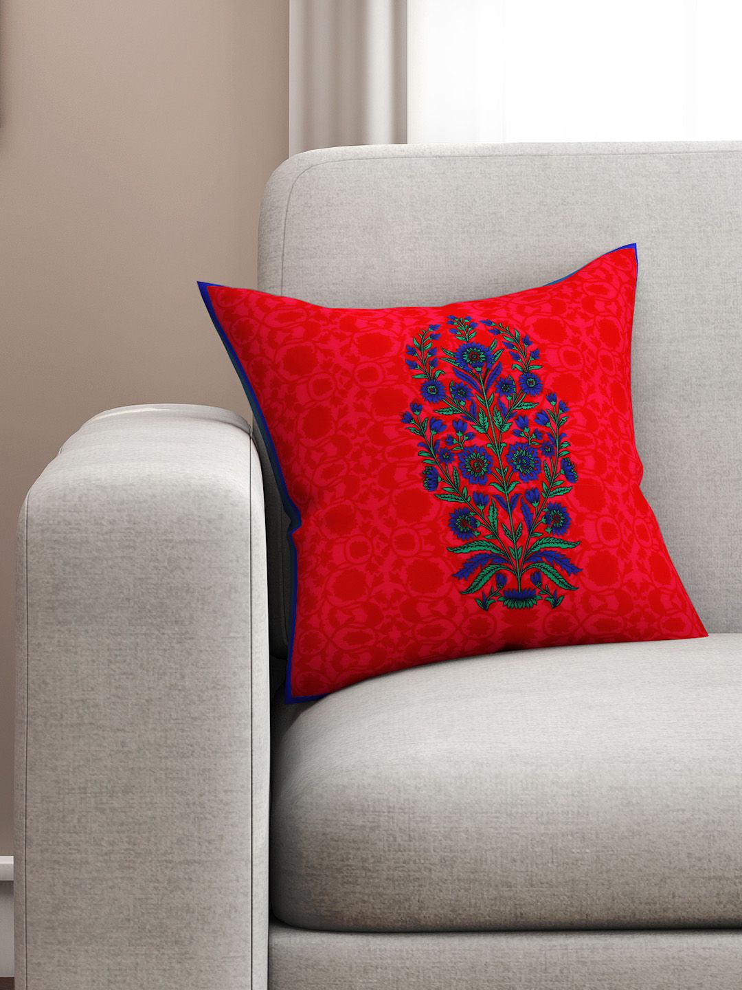 SEJ by Nisha Gupta Red & Blue Single Floral Square Cushion Cover Price in India