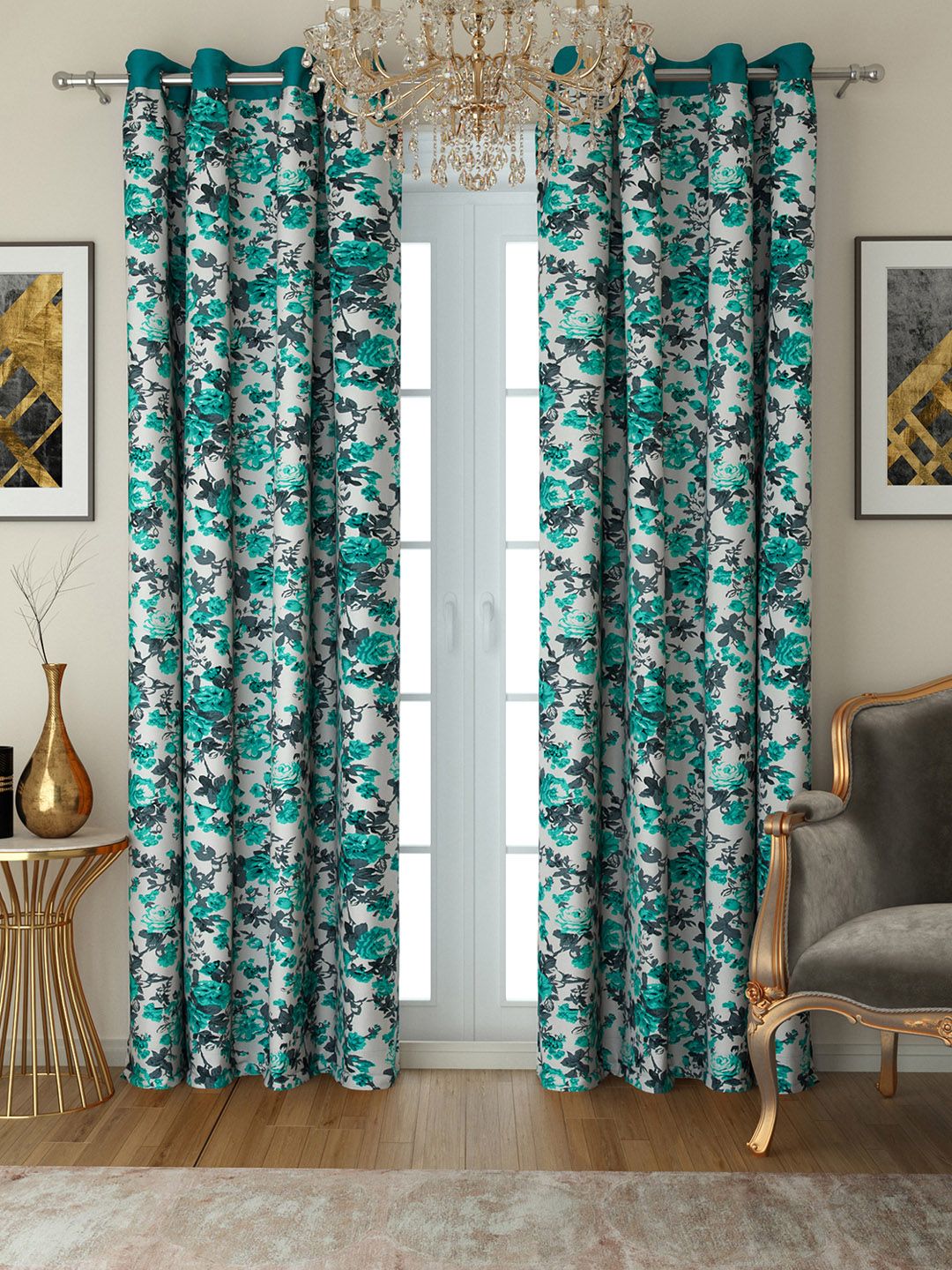 SWAYAM Turquoise Blue & White Set of 2 Long Door Curtains Price in India