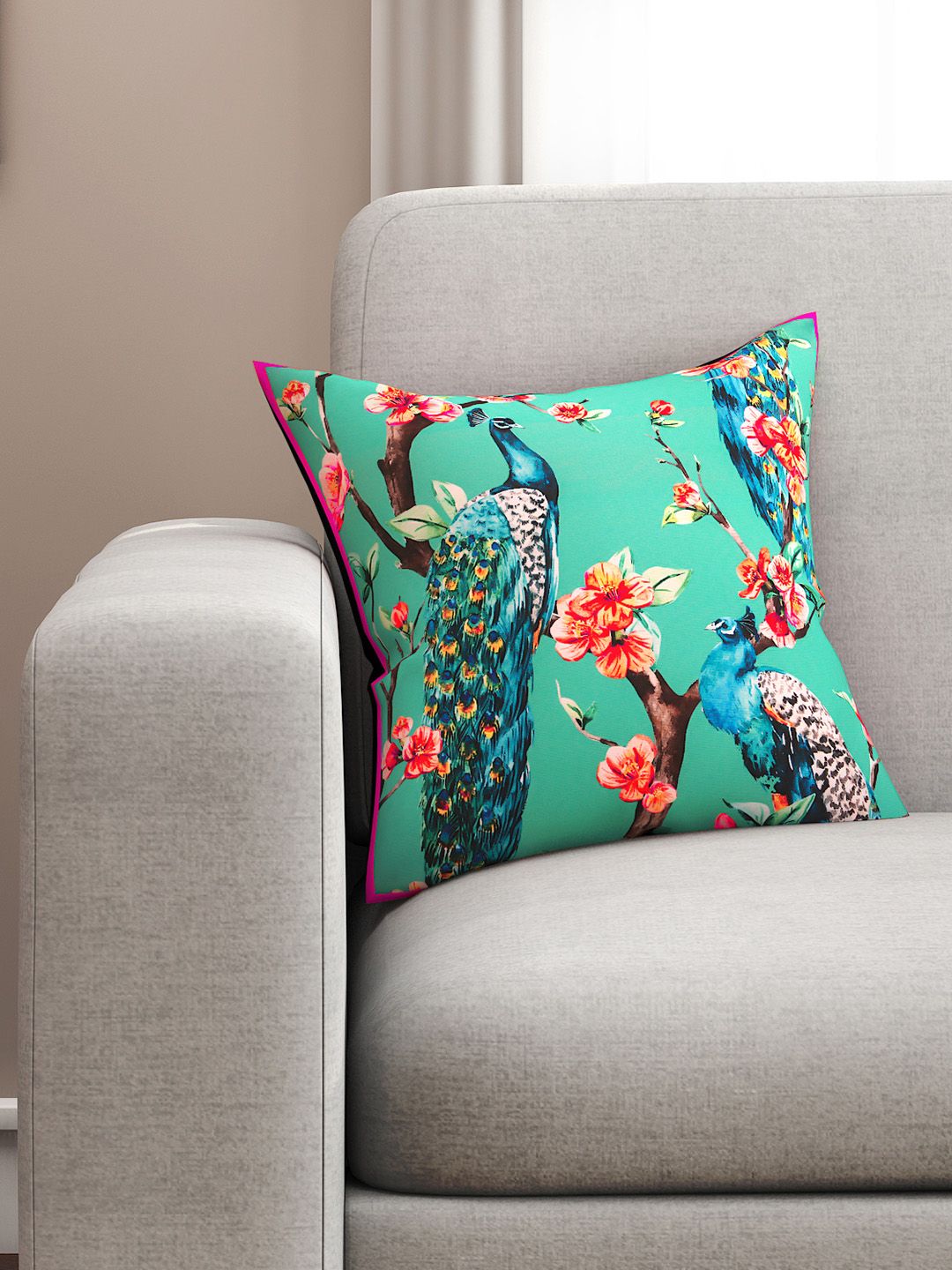 SEJ by Nisha Gupta Green Single Floral Square Cushion Cover Price in India