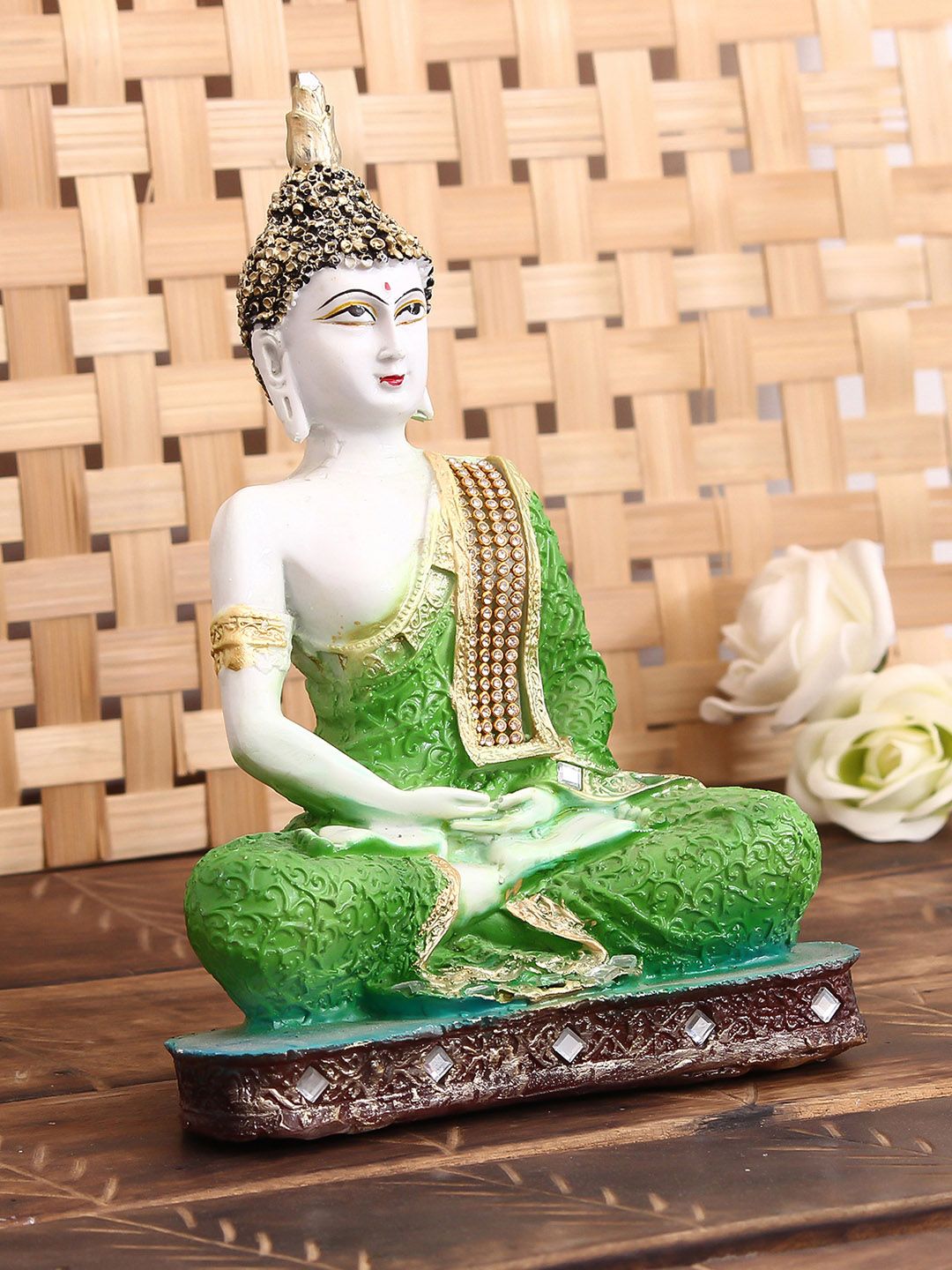 eCraftIndia Green & White Buddha Decorative Showpiece Price in India